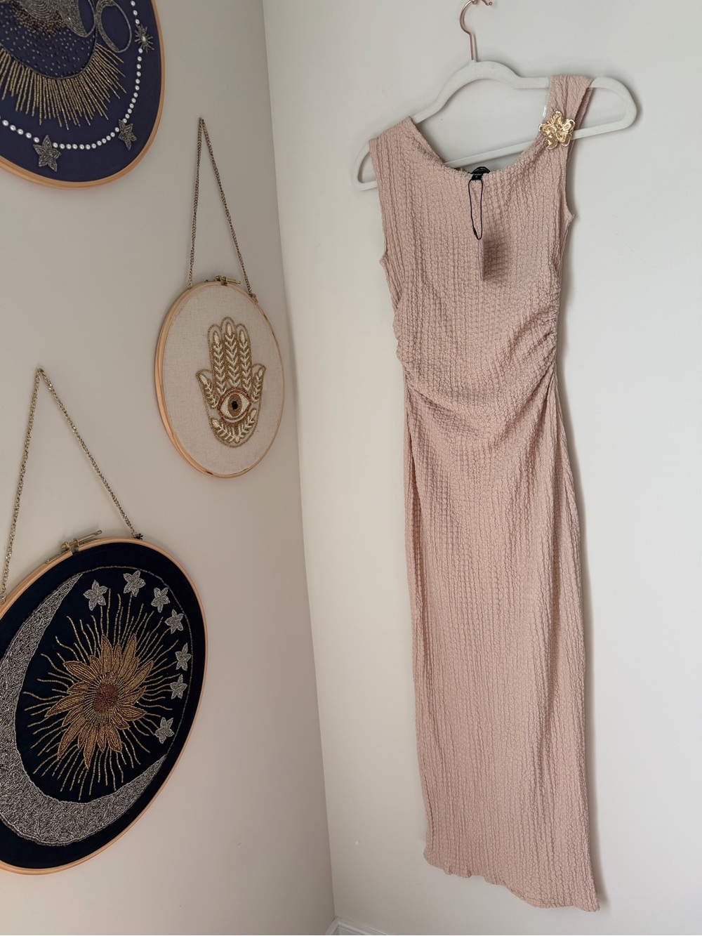 See You Monday beige gold flower strap midi Dress